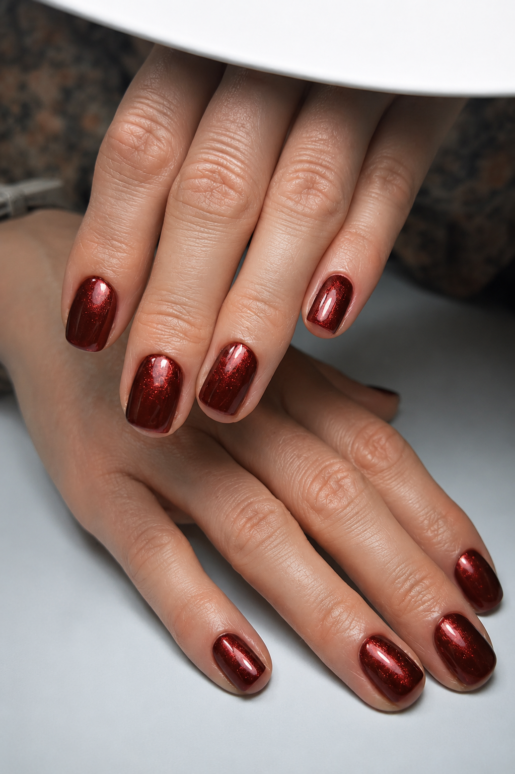 Ongles courts arrondis aux reflets pailletés rose et violet, une manucure brillante à Zimmerbach, près de Turckheim.